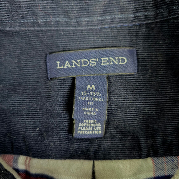 Lands' End Flannel Button Shirt Men's Medium Gray Plaid Corduroy Collar Workwear - Picture 5 of 10